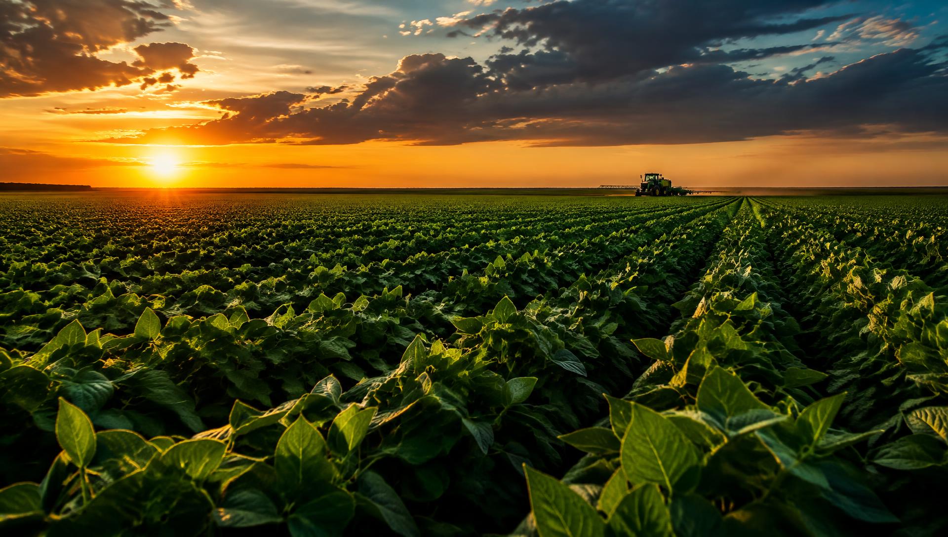 Plantação de soja ao pôr do sol no Oeste da Bahia